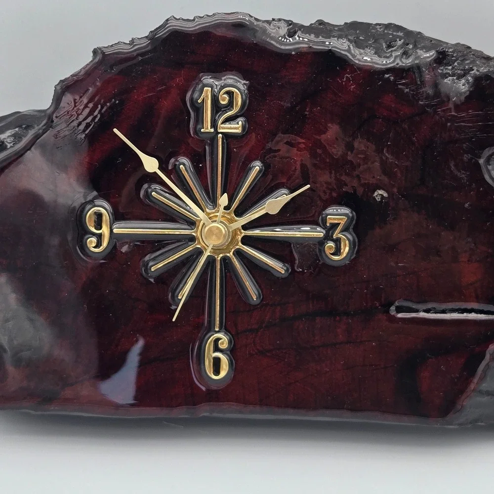 Vintage Lacquered Live Edge Wood Slab Wall Clock Dark MCM Brutalist Needs Repair